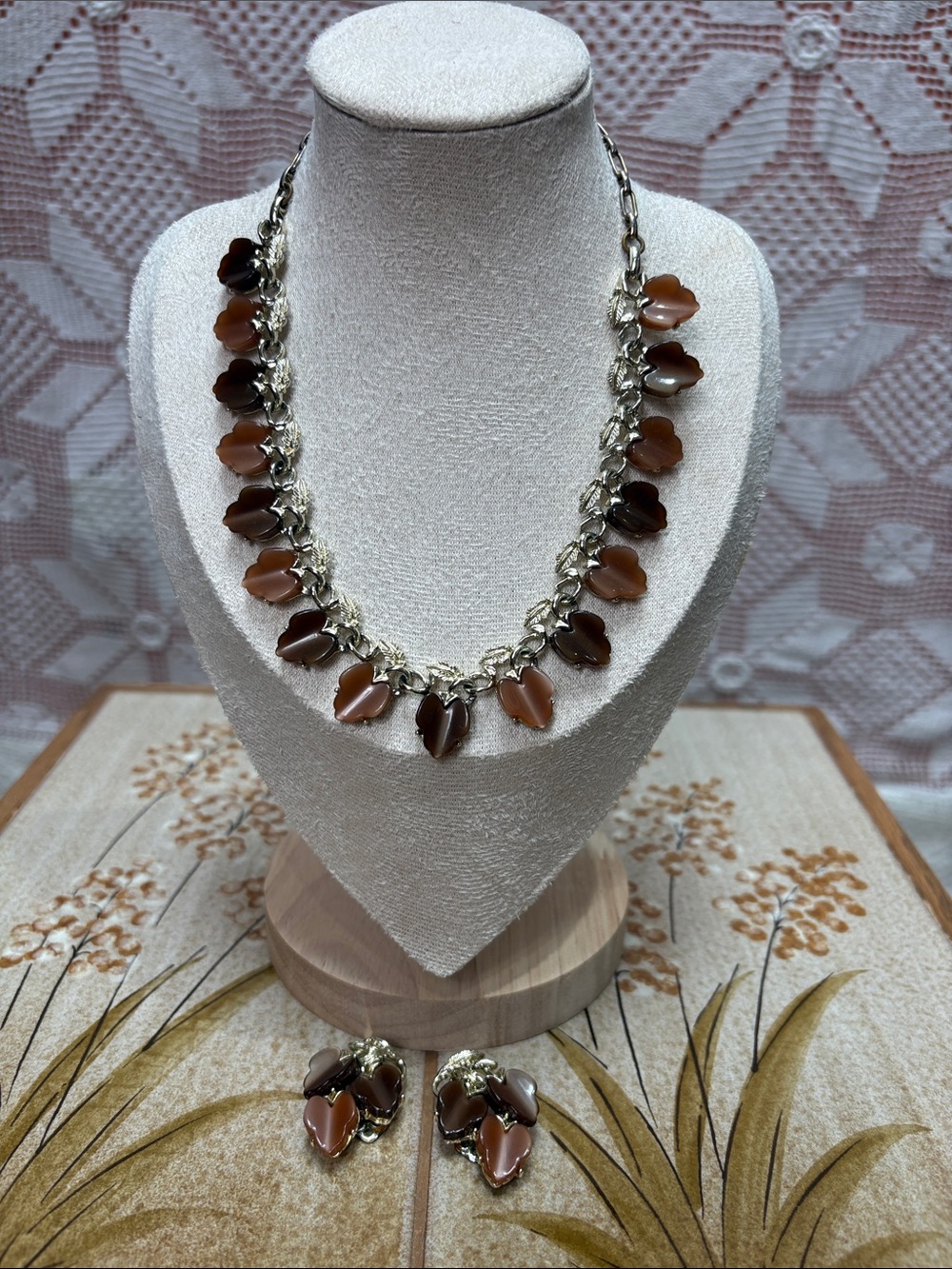 Vintage Brown Lucite Leaf Necklace & Clip Earring Set